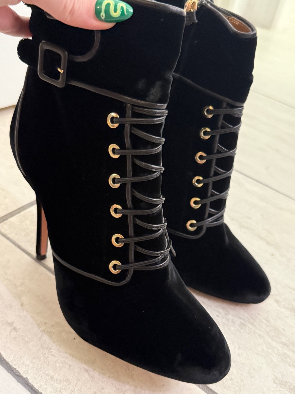 Aquazzura Black Velvet Lace-Up Ankle Boots | size 38.5 or US size 8 - Picture 9 of 16